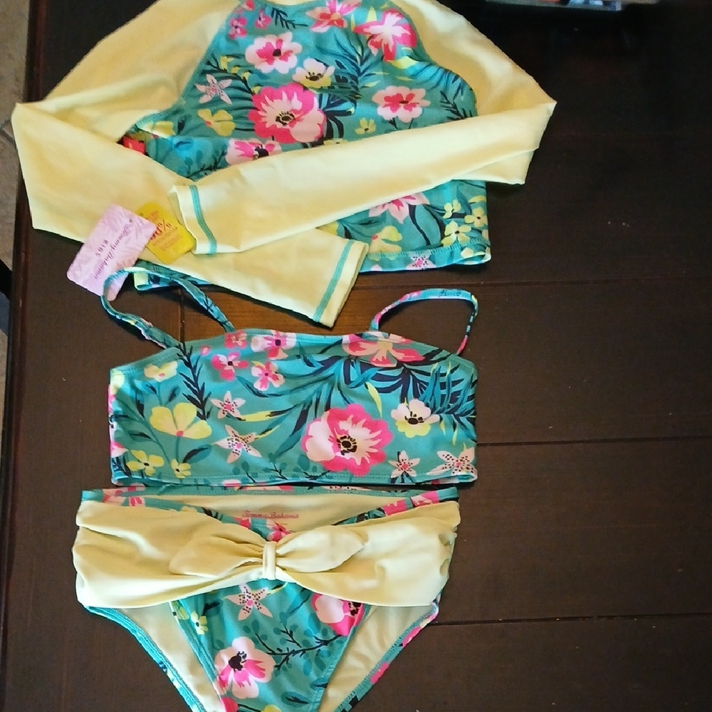 Tommy Bahama Teal Floral & Yellow Girls 3-Piece Swim Bikini Set
